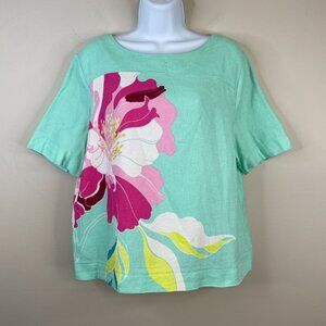 Stylus Womens Art To Wear Bright Floral Top Size L Mint Green Pink Back Zipper